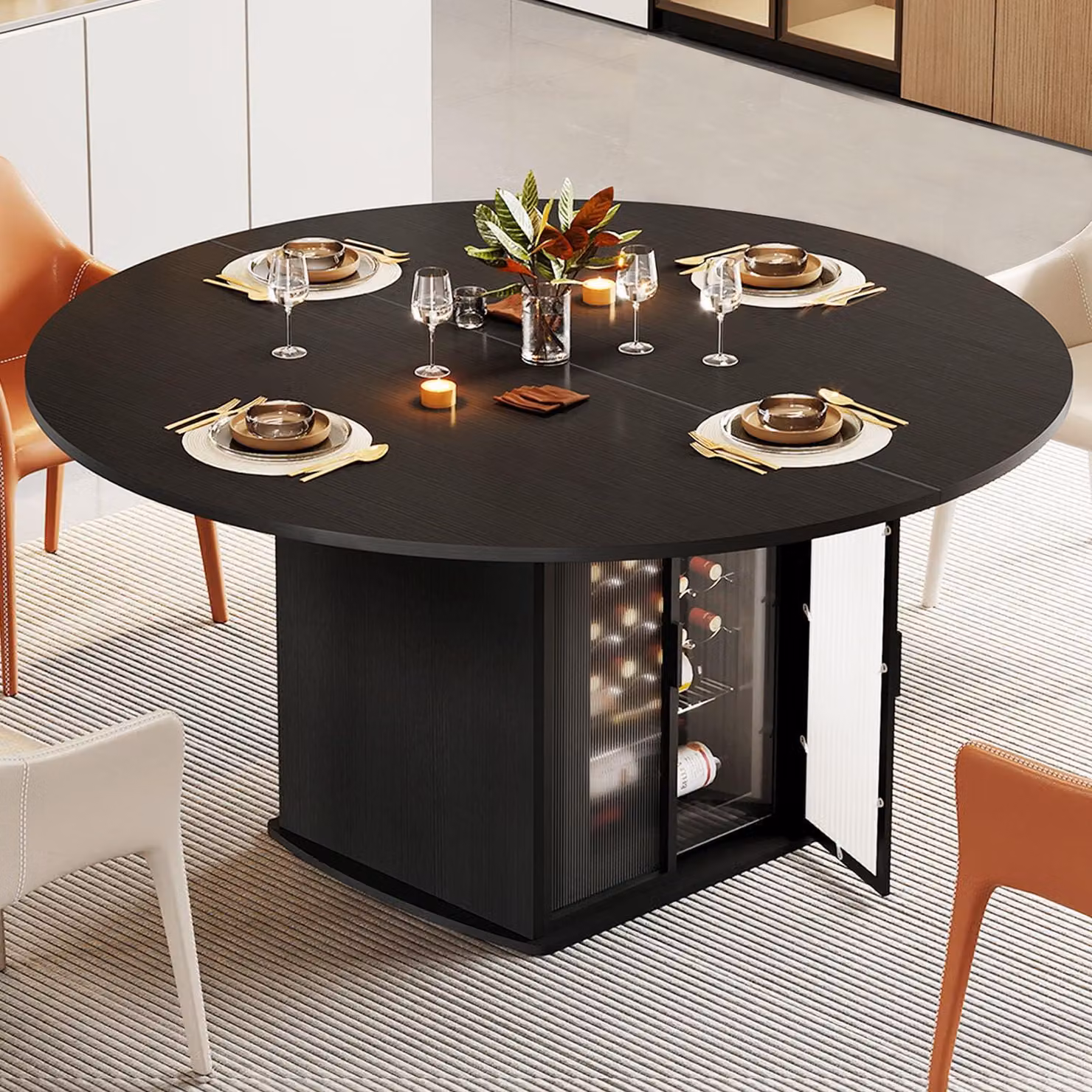 Tavolo rotondo da pranzo con spazio contenitivo, diametro 120 cm, colore nero