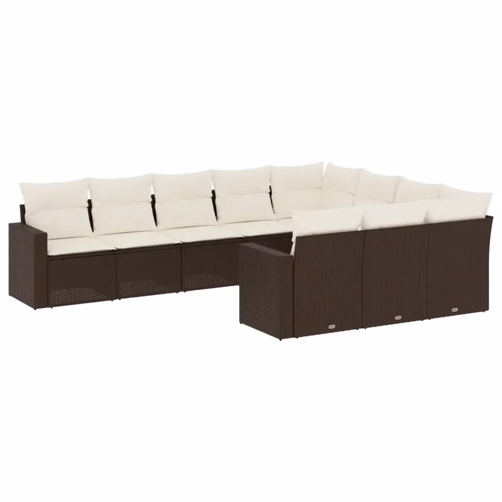 vidaXL Set Divani da Giardino a L 10 Pezzi in Polyrattan Marrone con Cuscini Bianchi – 2