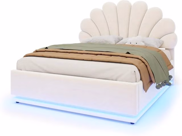 Letto matrimoniale 140x200 cm con contenitore idraulico e LED in velluto beige