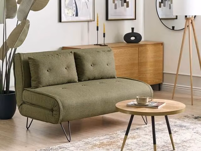 Divano letto Glamour Beliani a 2 posti in tessuto verde con cuscini, sfoderabile e con funzione click-clack