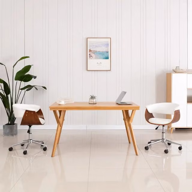 Sedia da Pranzo Girevole vidaXL Bianca in Similpelle e Legno con Ruote L/P/H: 58 x 59,5 x 74 cm – 1