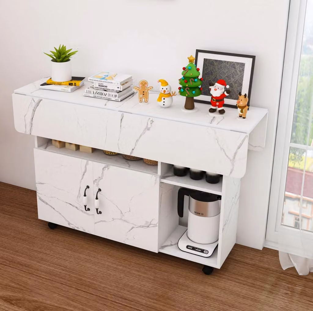 Tavolo pieghevole 3 in 1 MODFU in MDF bianco con ruote e vani portaoggetti L: 110 cm, P: 70 cm, H: 80 cm – 2