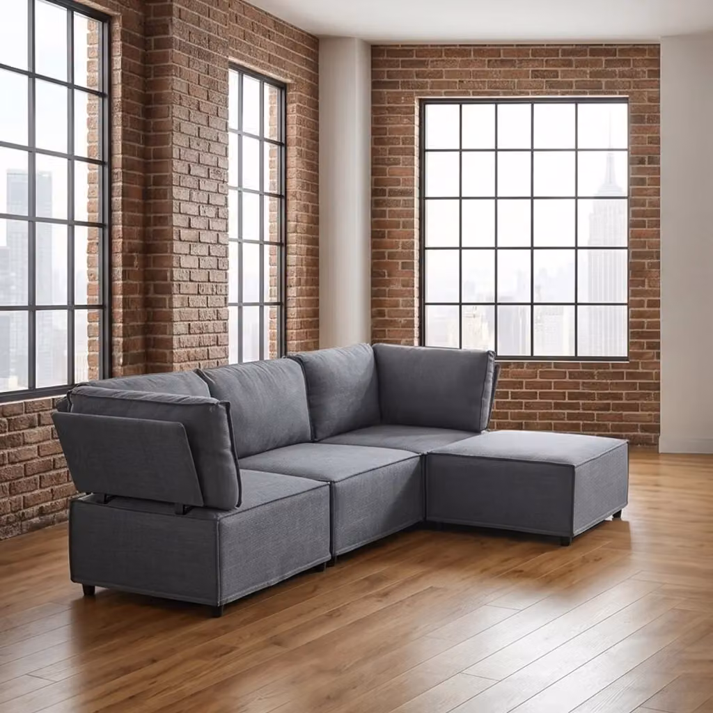Divano panoramico modulare MIVRAY a forma di U con rivestimento in tessuto grigio e struttura imbottita moderna – 2