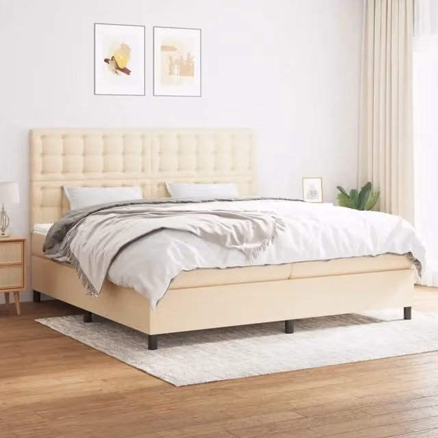 Letto Ibrido con Giroletto a Molle e Materasso vidaXL in Tessuto Beige e Bianco L/P/H: 200 x 200 x 128 cm