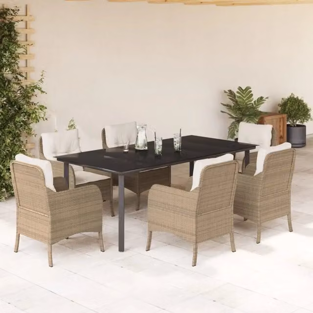 Set da pranzo da giardino moderno vidaXL in polyrattan con cuscini beige e piano in vetro, 7 pezzi