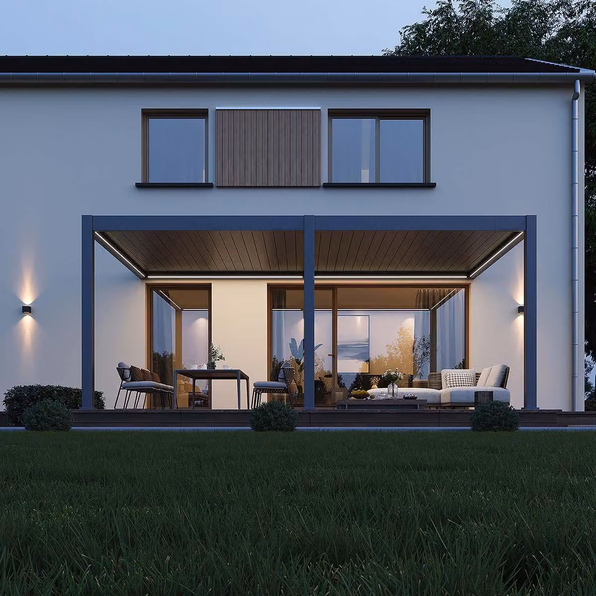 Pergola elettrica da parete Weide E-Deluxe Plus, interamente in alluminio, 4x6 m, con tetto a lamelle color antracite