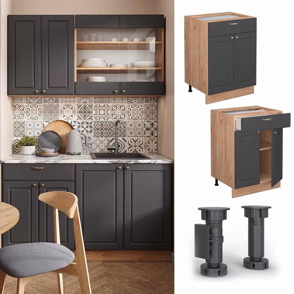 Mobiletto base per cucina Vicco Fame-Line Antracite-oro e Rovere dorato con cassetto, senza piano di lavoro, L: 60 cm, H: 82 cm, P: 51,6 cm – 2