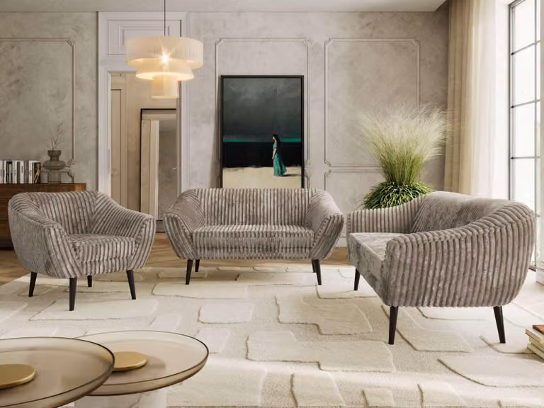 Divano componibile MKS MEBLE PIRS 1-2-3, set completo in stile scandinavo, con sospensioni a molle, gambe nere, gruppo sedute, set di mobili, set con braccioli - Corda color beige chiaro