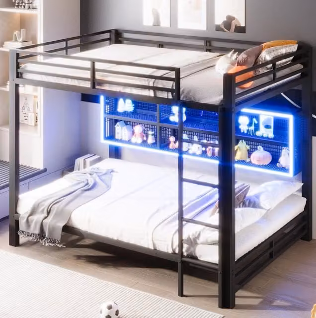 Letto a castello ULEVR 140x200 cm con 6 armadietti contenitore e illuminazione LED, metallo nero