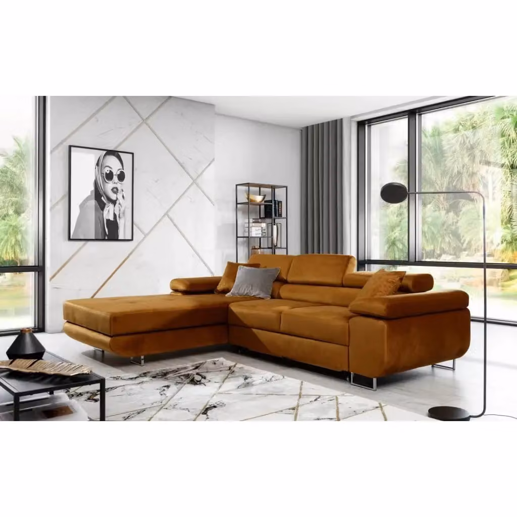 Divano angolare convertibile AMANDA MEUBLORAMA arancione in velluto con funzione letto, contenitore e poggiatesta regolabile, L/P/H: 280 x 149 x 90 cm – 2