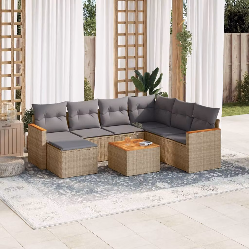 vidaXL Set Divano da Giardino 8 pz a Forma di L con Cuscini Beige e Grigio in Polyrattan e Acciaio – 1