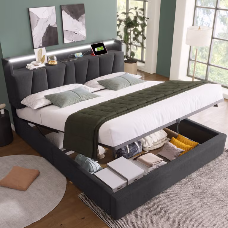 Letto imbottito 160x200 cm, grigio, con testiera contenitore, funzione di ricarica USB e illuminazione LED, struttura del letto con rete a doghe per la camera da letto