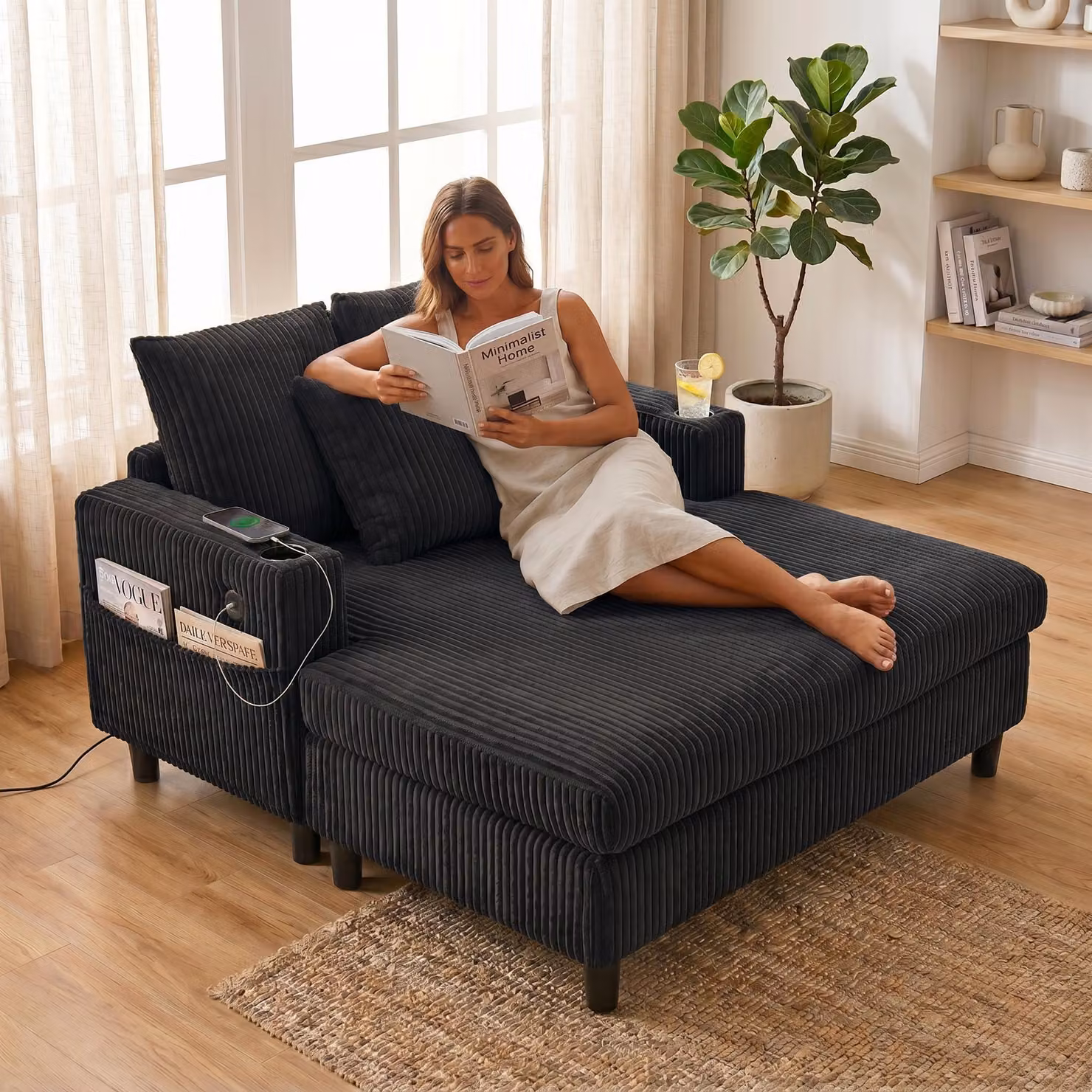 Divano letto LVHOM con LED e USB, poltrona in tessuto a coste, divano lounge con tasche laterali e portabicchieri, portata 350 kg, 128x85x142 cm, nero