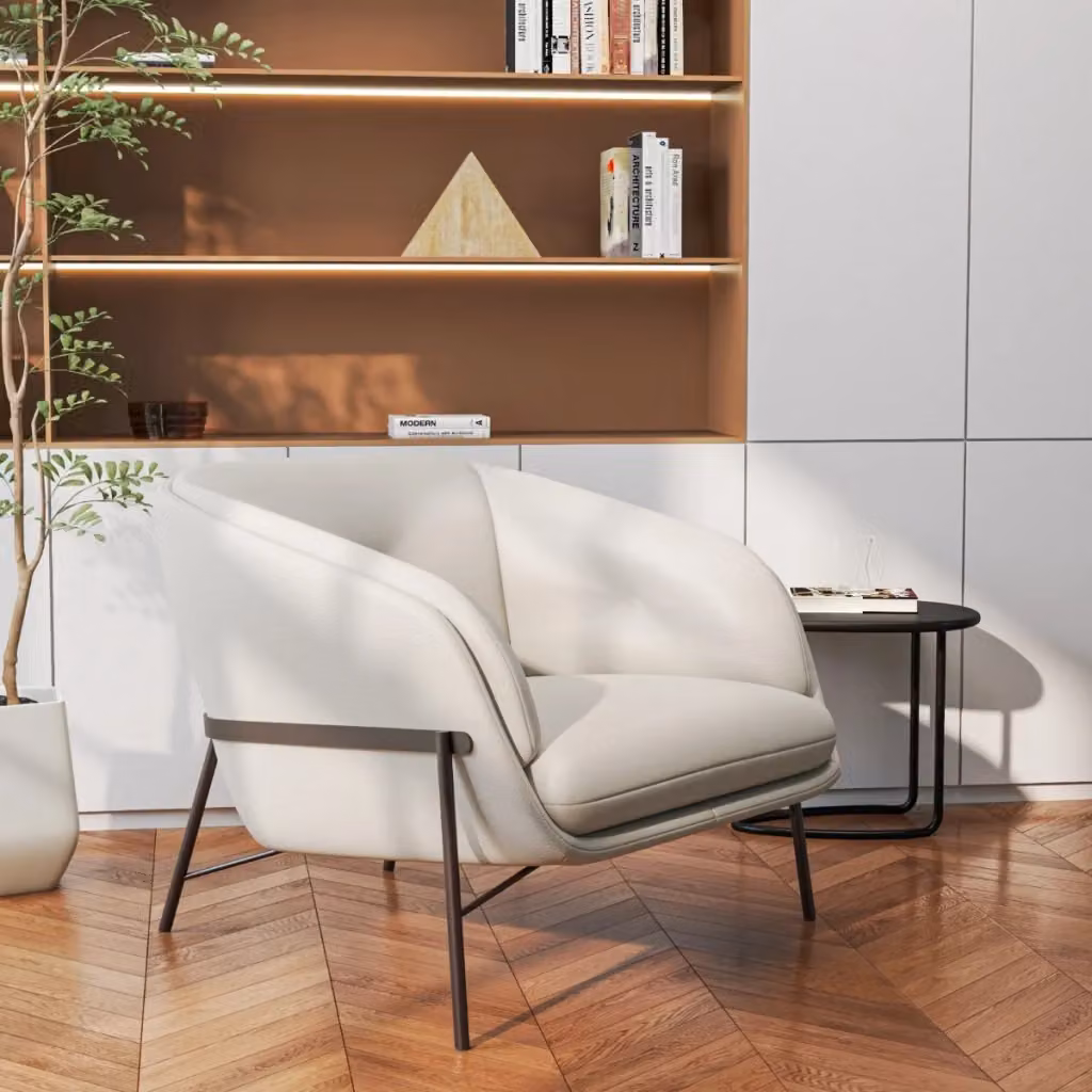 Poltrona moderna in pelle ROYAL 2337 Design Mania con struttura in legno massello e braccioli, disponibile nei colori beige, bronzo o bianco – 2