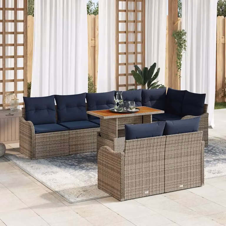 vidaXL Set Divano da Giardino a L con Tavolino da 9 Pezzi per 8 Persone, Colore Grigio e Blu Navy