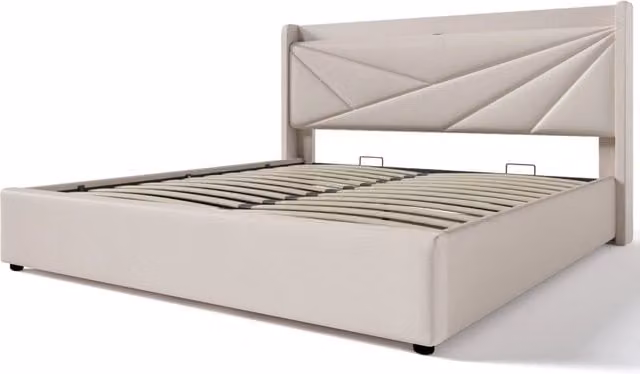Letto matrimoniale contenitore 160x200 cm con testiera imbottita, funzione ricarica USB-C e rete a doghe senza materasso