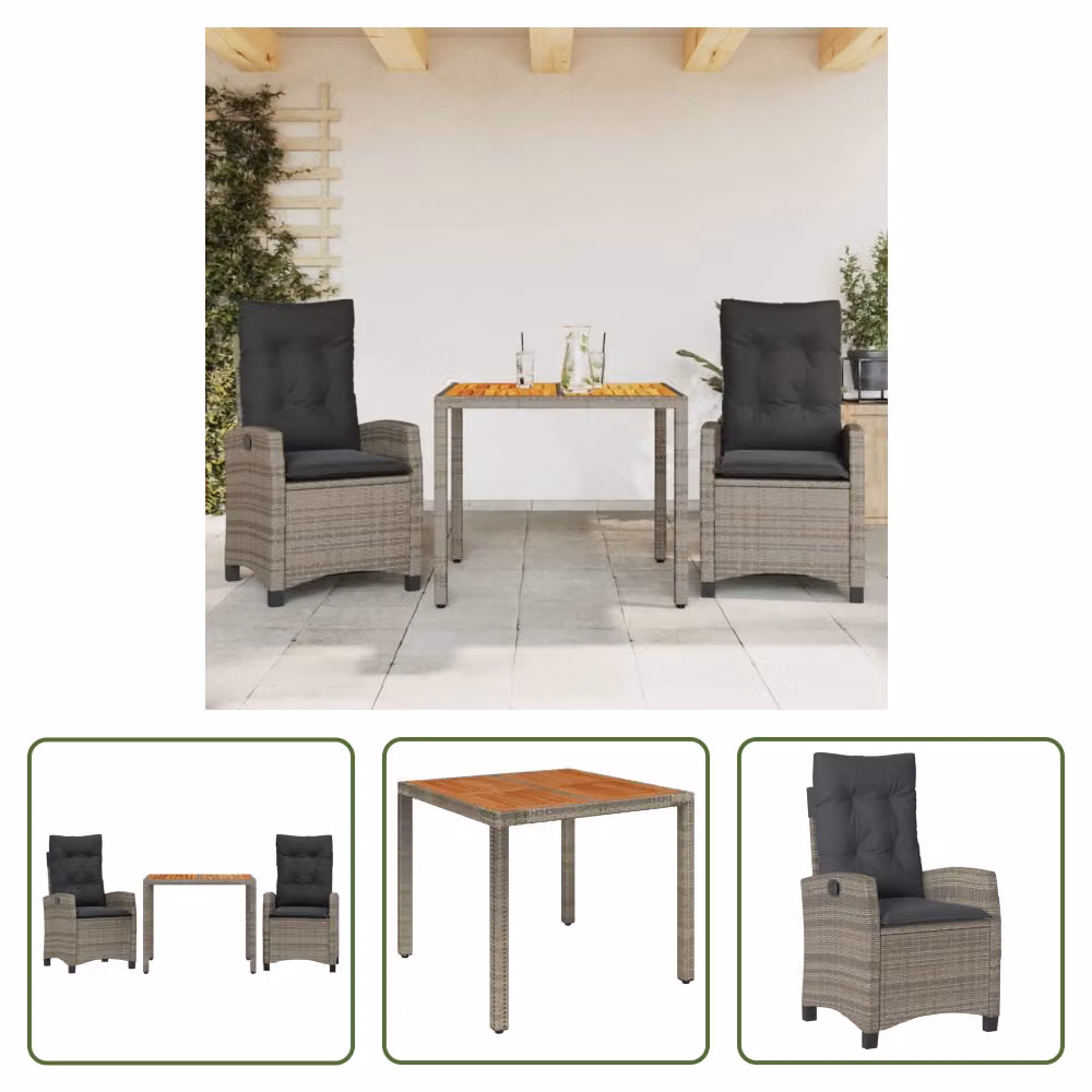The Living Store Set da pranzo da giardino in 3 pezzi con cuscini in poly rattan grigio
