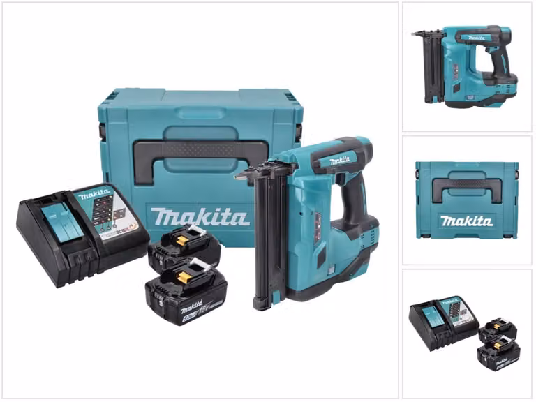 Makita DBN 500 RTJ Chiodatrice a batteria 18 V / 15-50 mm / 90° in valigetta Makpac + 2x Batterie BL1850 5,0 Ah + Caricabatterie DC 18 RC