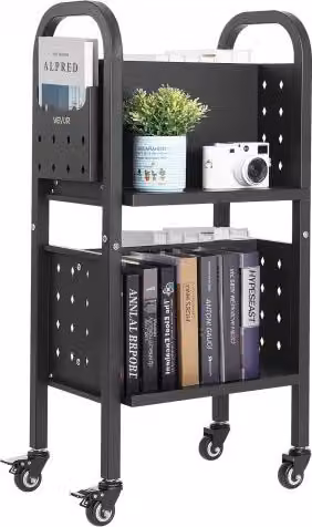 VEVOR Carrello Portalibri con Ruote Nero, Scaffale Rotante in Metallo con Ripiani a L e Ruote Bloccabili, L/P/H: 33 x 15,87 x 88 cm