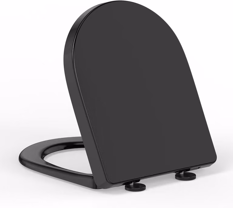 Copriwater a forma di D, con sistema di abbattimento automatico, colore nero, in PP, con cerniere regolabili, per bagno