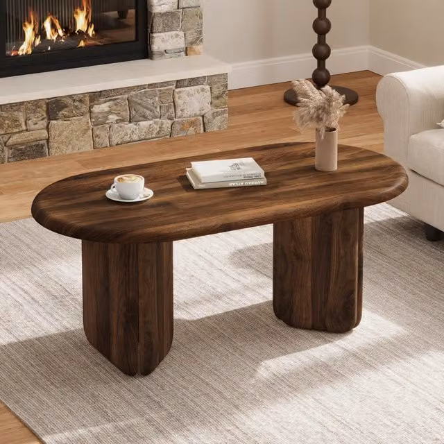 Tavolino da Salotto Ovale in MDF Effetto Noce, 99x50x40 cm, Gambe Robuste, Portata 40 kg, Moderno per Soggiorno