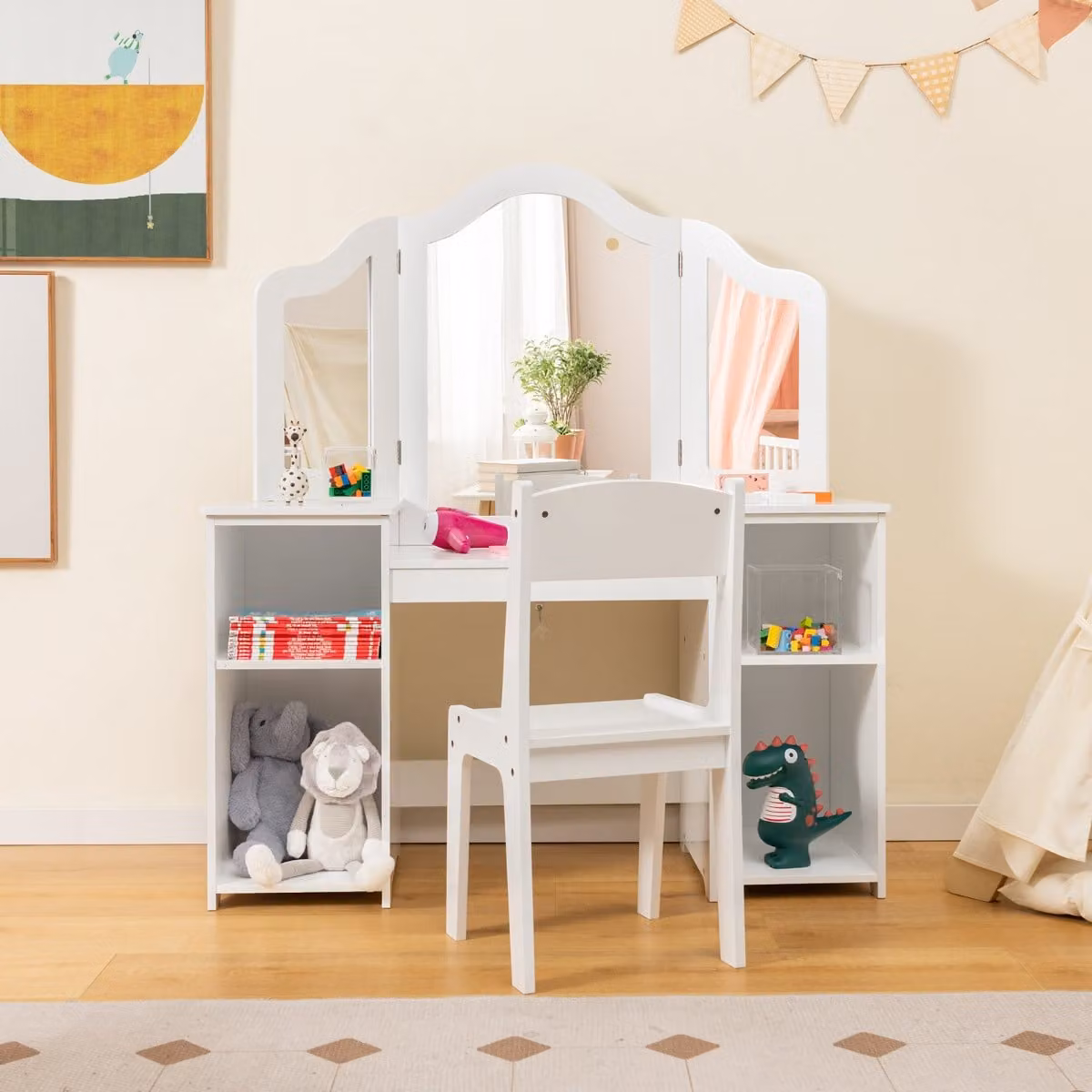 Set vanità Costway 2-in-1 per bambine con tavolo da trucco e sedia, specchio a tre ante rimovibile, design moderno in bianco