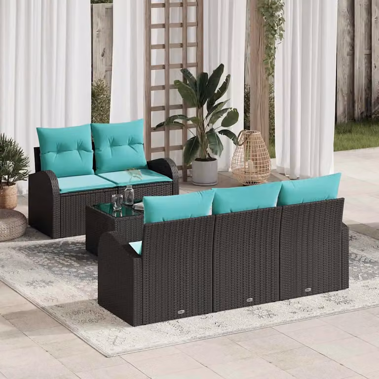 Set Divano da Giardino vidaXL 6 Pezzi a Forma di L con Tavolino, Nero e Turchese