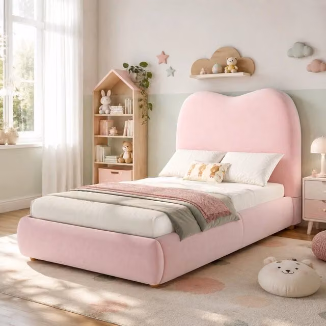 Letto per bambini imbottito con vano contenitore rete a doghe inclusa in velluto rosa con testiera
