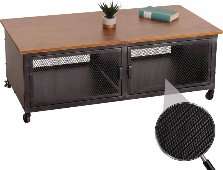 Tavolino HWC-N28, tavolo da divano, rotelle 2 scomparti, struttura 3D industriale retrò in legno metallico 45x120x60cm ~ nero, marrone