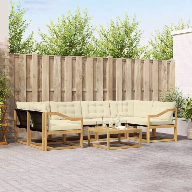 Set di divani da esterno vidaXL 7 pezzi in legno di acacia con cuscini Bianco e Beige