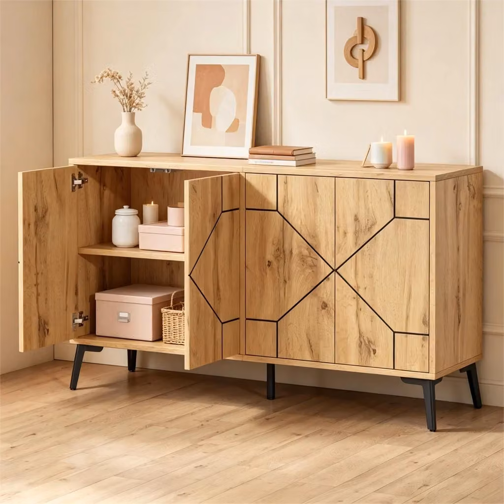 Credenza moderna WISHDOR in stile industriale con finitura marrone opaco, struttura in MDF e gambe in metallo, L/P/H: 120 x 35 x 69 cm – 2
