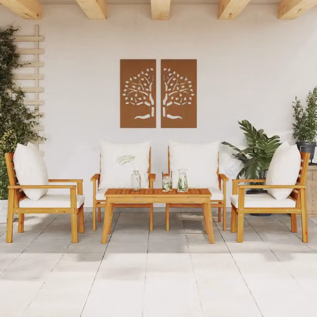 vidaXL Set Salotto da Giardino 5 pz in Legno di Acacia con Cuscini Imbottiti Marrone e Bianco – 1