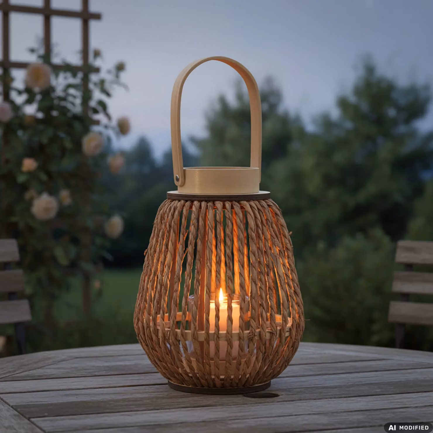 Lanterna Portacandela VESTIAMO CASA in Legno, Vetro e Rattan, Colore Beige, Altezza: 27 cm – 2