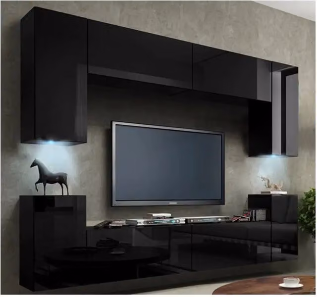 Mobile TV sospeso 240cm collezione CEPTO, 4 porte, colore nero lucido.
