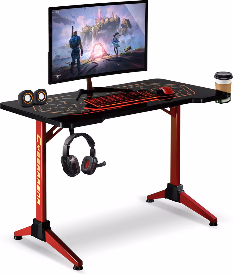 Tavolo da gioco Scrivania con ampia superficie con retroilluminazione LED RGB regolabile Porta bevande Porta cuffie 120 cm Scrivania per computer Tavolo da gioco
