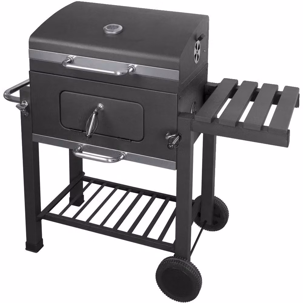 Barbecue a carbonella, dimensioni montato 110x100x46 cm, griglia in metallo 58x42 cm, griglia circolare 30,5 cm, griglia superiore 54x22 cm, vaschetta per il carbone regolabile in altezza 10-25 cm