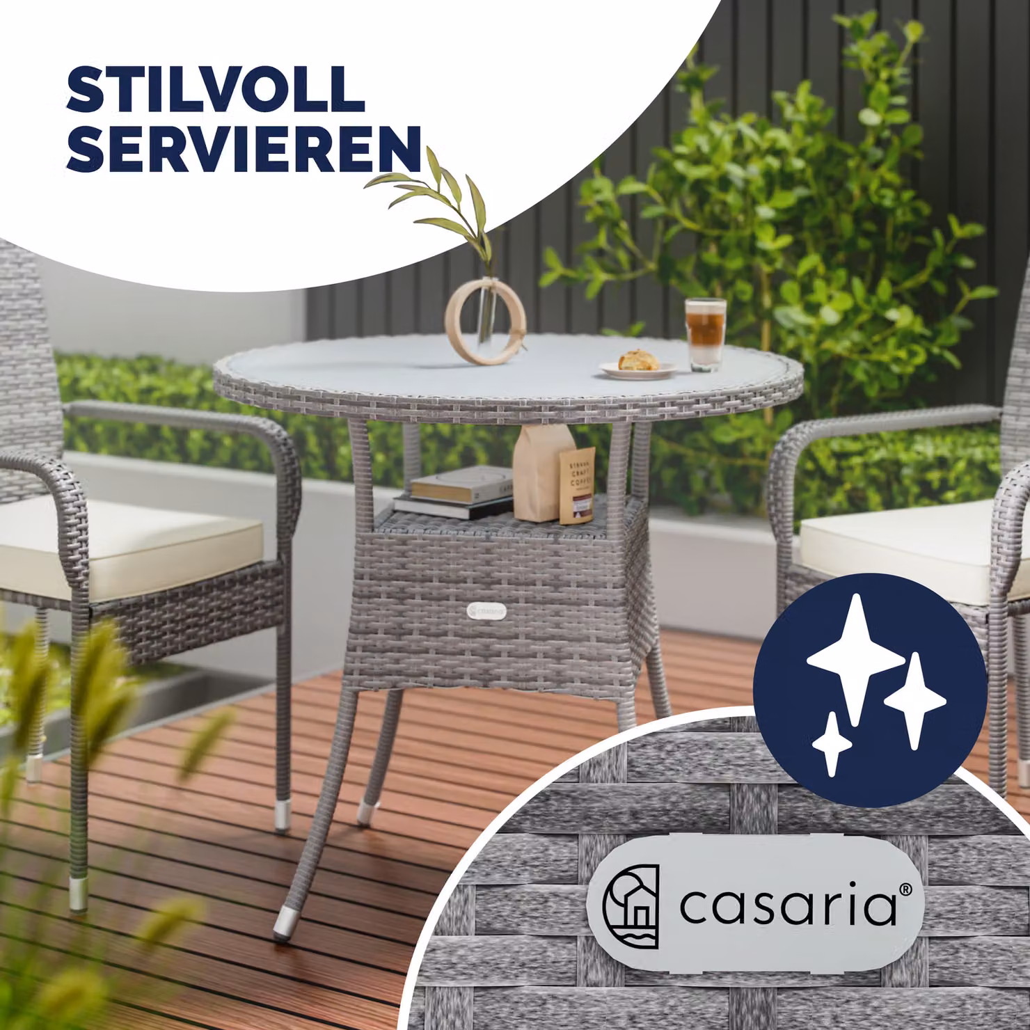 Tavolo rotondo moderno Casaria in polyrattan grigio con piano in vetro Ø80 cm – 2