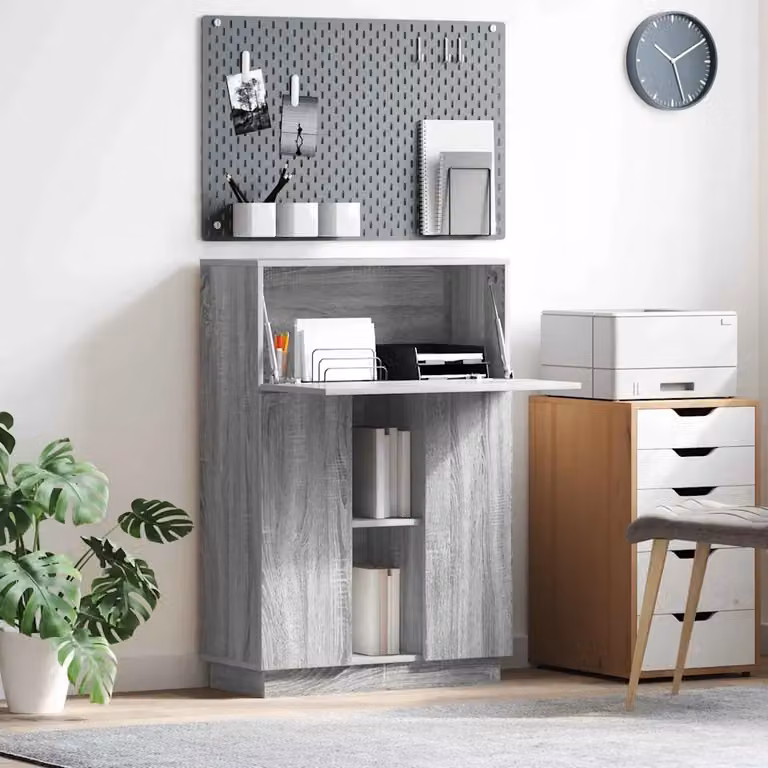 Scrivania con scaffale per ufficio in stile minimalista, Grigio, L: 71,5 cm, P: 31,5 cm, H: 106,5 cm
