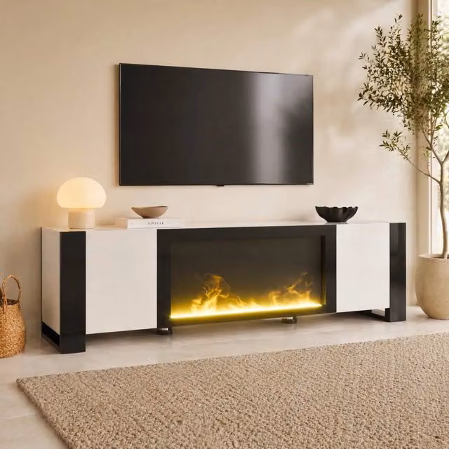 Mobile TV ULEVR 165x32x55 cm con camino elettrico decorativo effetto fiamma, 2 ante push-to-open, bianco e nero