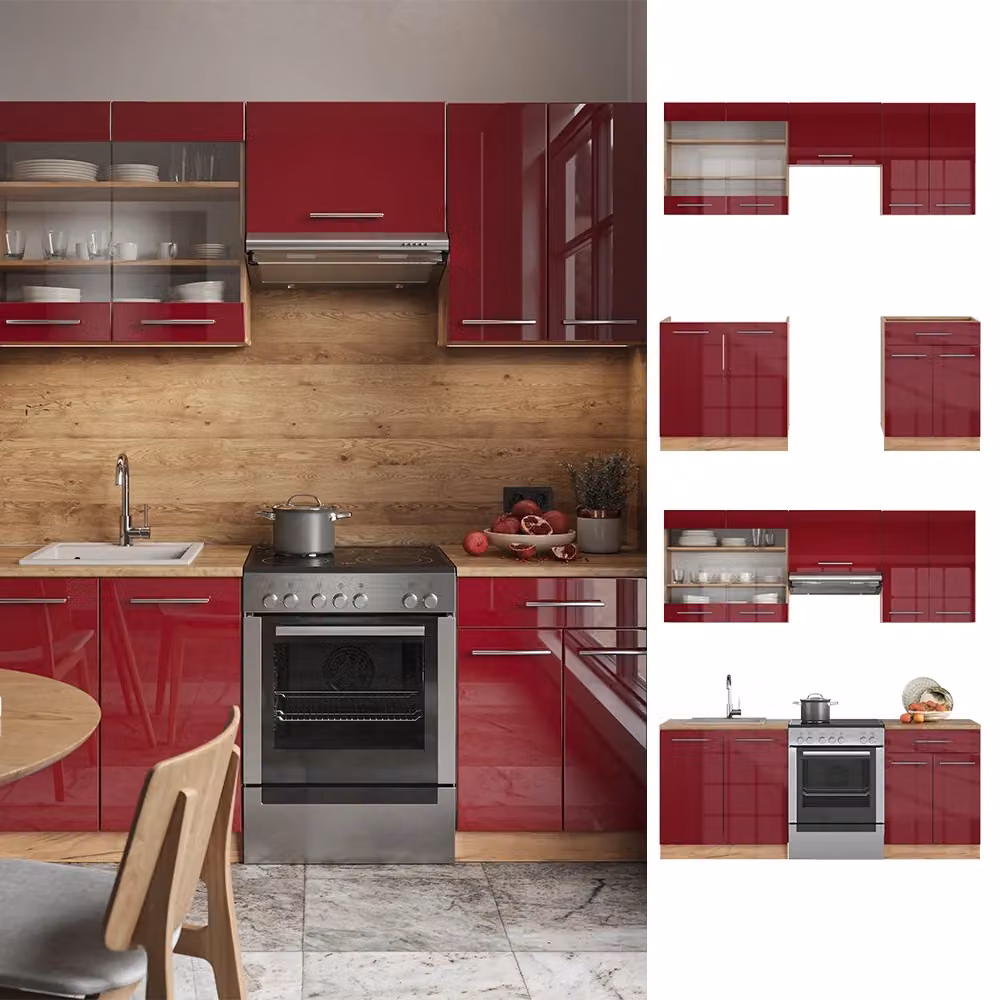 Cucina componibile moderna Fame-Line Vicco in MDF color Bordeaux lucido e Rovere dorato, L: 200 cm – 2