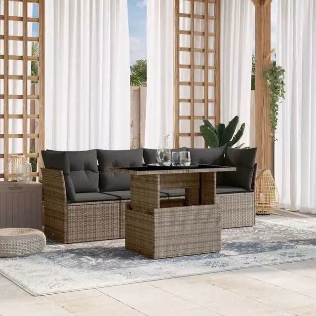 Set Divano da Giardino 5 pz con Cuscini-Sofa da Giardino-Divanetto da esterno Grigio in Polyrattan 700673