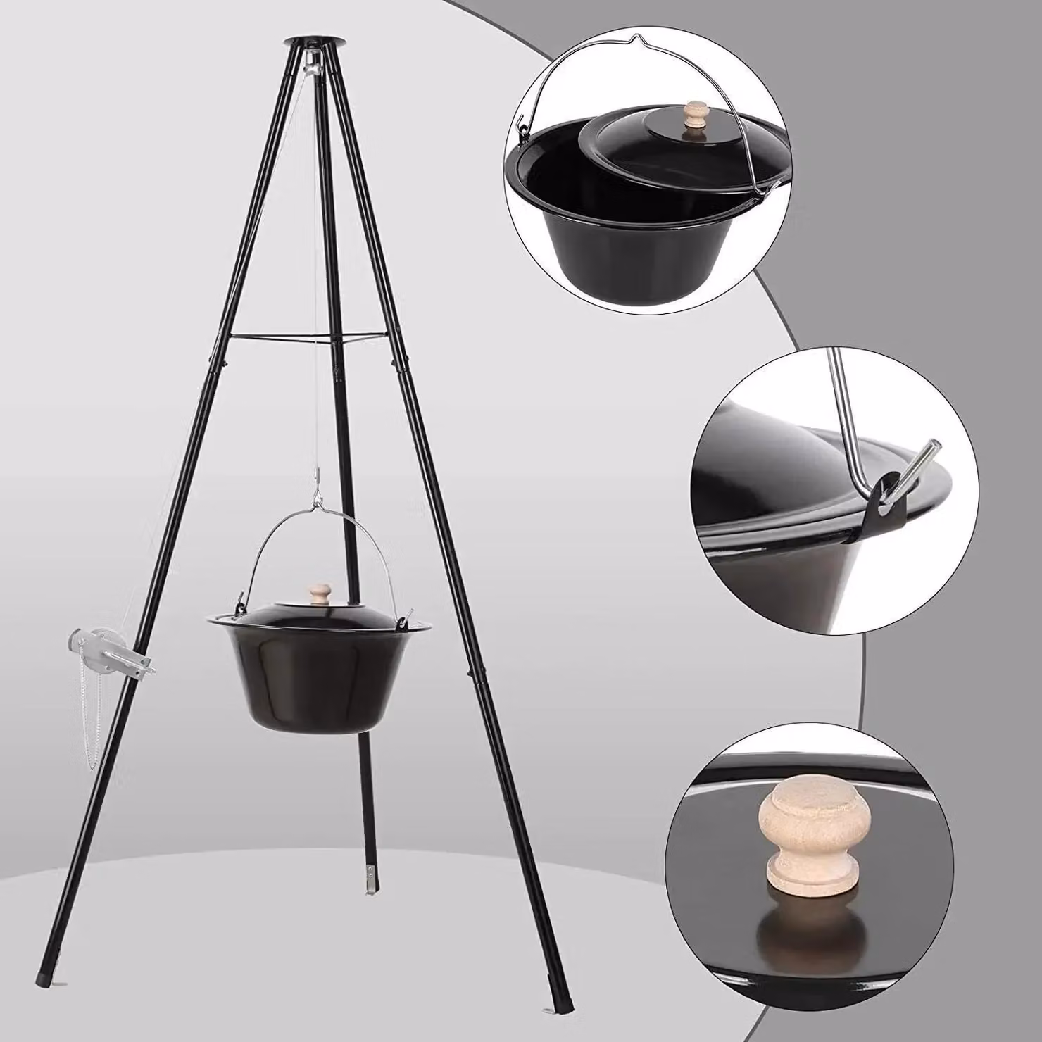 Bollitore per gulasch ungherese - Treppiede telescopico - 30 L - Ghisa smaltata - Catena 250 cm, regolabile in altezza - Treppiede 151-170 cm - Con coperchio - Grigio