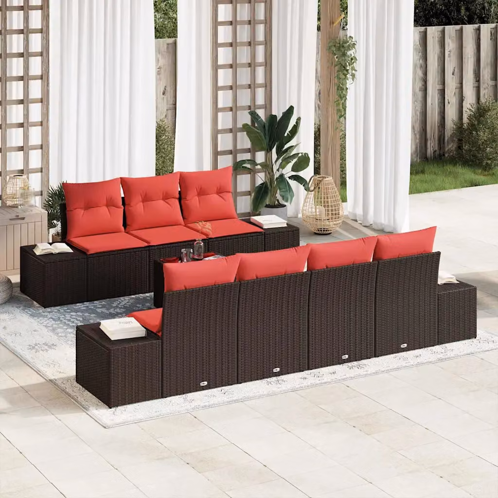 Set Divano da Giardino vidaXL 8 Pezzi a Forma di U in Polyrattan Marrone con Cuscini e Tavolino da Caffè
