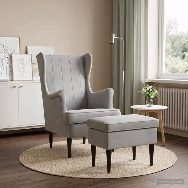 Set Poltrona con Ottoman vidaXL in Velluto Grigio con Braccioli e Struttura in Legno e Metallo – 1