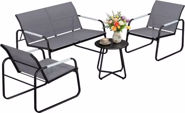 Set da giardino Outsunny composto da divano a 2 posti e 2 poltrone in polyrattan grigio con cuscini inclusi