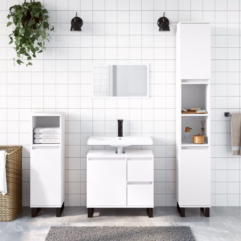 Set di mobili da bagno moderno vidaXL composto da 3 pezzi in legno e metallo bianco opaco H 190 x L 65 x P 33 cm