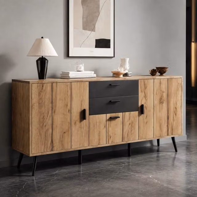 Credenza FOLYNA per soggiorno e sala da pranzo con 2 cassetti, 3 ante e 7 vani in MDF nero e finitura legno, L 140 x P 35 x H 67 cm