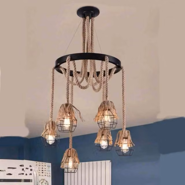 Lampadario a sospensione Trade Shop in stile vintage con cerchio in metallo e corde in canapa, attacco E27, colore nero e marrone, diametro: 90 cm