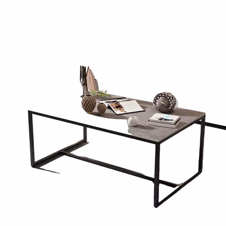 Tavolino, materiale pietra sinterizzata, struttura in metallo nero, grigio
