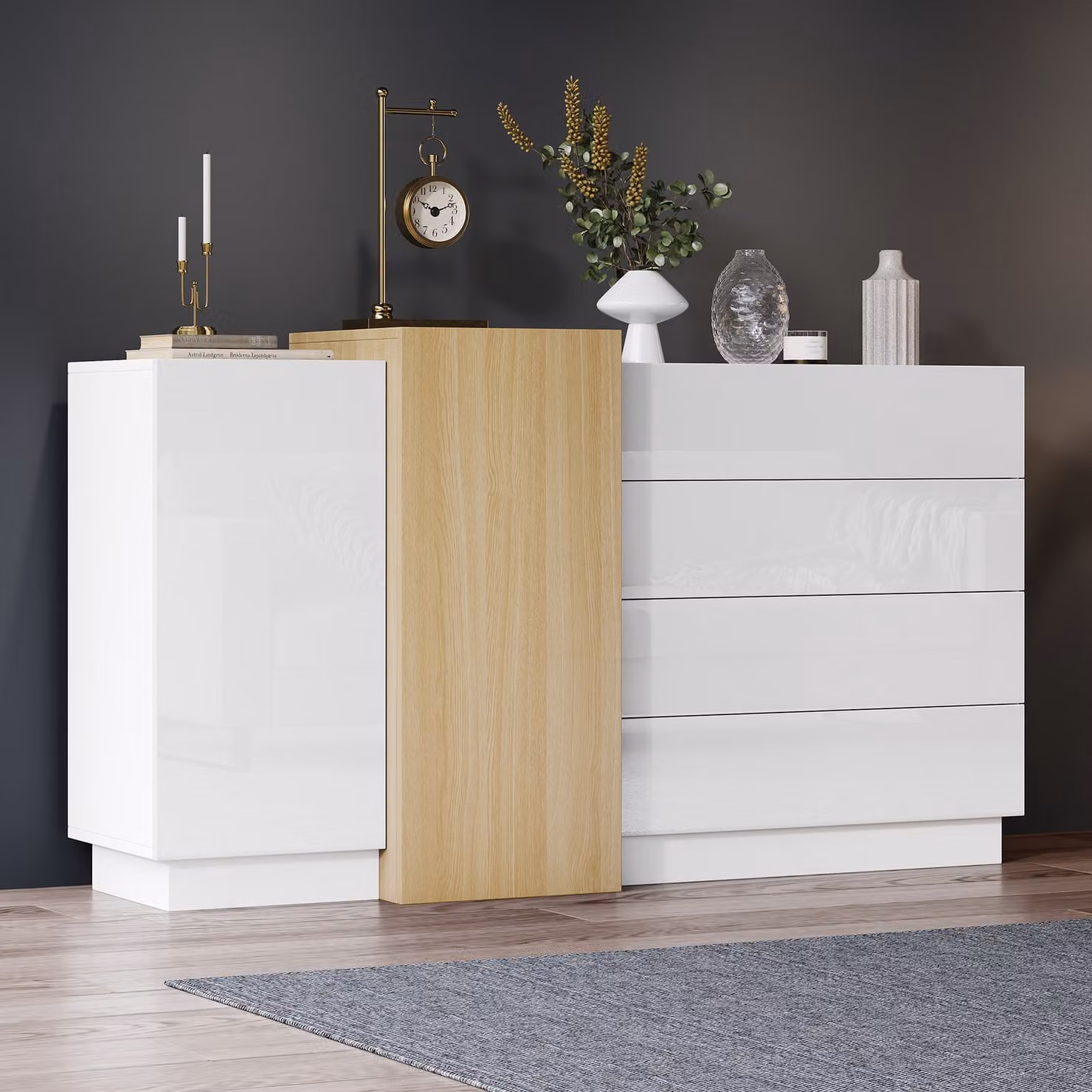 MODFU Dresser bianco lucido - Armadio con contenitore, armadio multifunzionale con 4 cassetti profondi, armadio a buffet,140×35×81cm